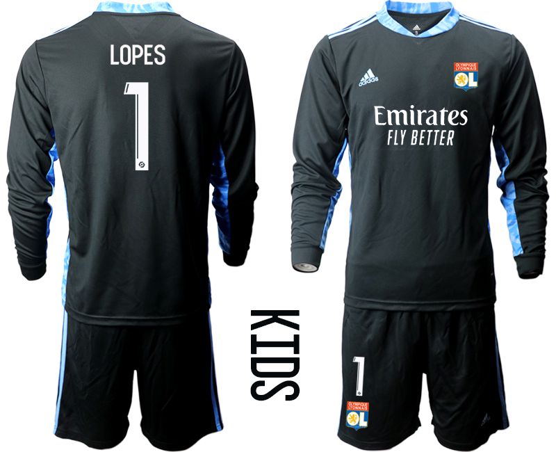 Youth 2020-2021 club Olympique Lyonnais black long sleeve goalkeeper #1 Soccer Jerseys
